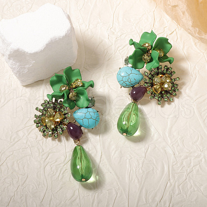 Flower with Teardrop Alloy Rhinestone Dangle Stud Earrings FS-WG594B6-02-1