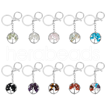 10Pcs 10 Styles Flat Round with Tree of Life Gemstone Chip Keychians KEYC-UN00002-1