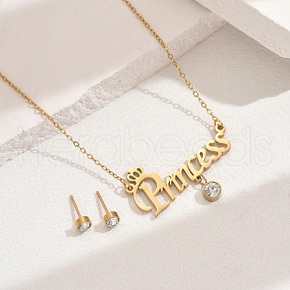 Stainless Steel Word Princess Stud Earrings & Pendant Necklaces Sets for Women AE9274-1-1