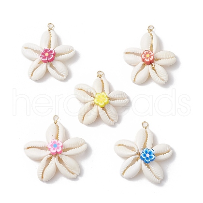Natural Cowrie Shell & Handmade Polymer Clay Flower Pendants PALLOY-JF03843-1