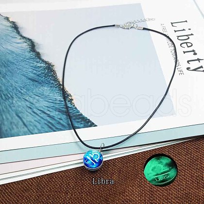 Zinc Alloy & Luminous Blue Glass Flat Round with Constellation Pendant Black Waxed Cord Necklaces WG9F396-06-1