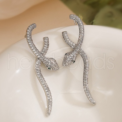 Snake Brass Cubic Zirconia Dangle Stud Earrings for Women EJEW-F367-01A-P-1