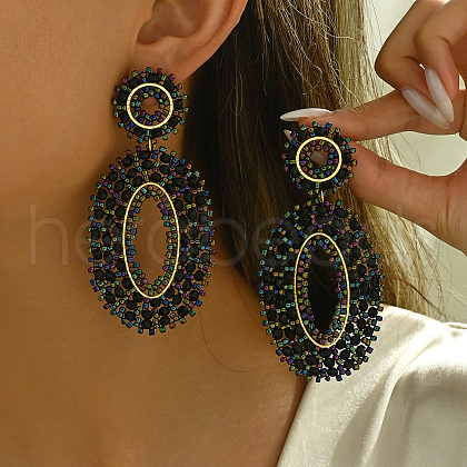 Stainless Steel Bohemian Oval Vintage Long Stud Earrings HB4853-2-1