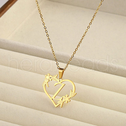 201 Stainless Steel Flower Heart Initial Pendant Necklaces for Women FS-WG08285-12-1