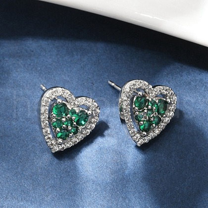 Heart Brass Micro Pave Cubic Zirconia Stud Earrings EJEW-M082-15P-1