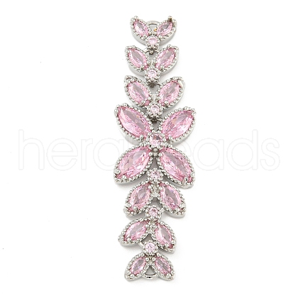 Brass Pave Pink Cubic Zirconia Flower with Leaf Links Connector Charms KK-P277-52P-02-1