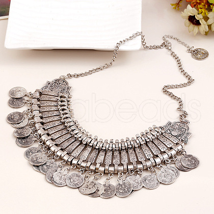 Tibetan Style Alloy Turkish Coin Tassel Chunky Bib Necklaces for Women FS-WG4760A-01-1