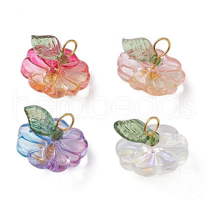 50Pcs Transparent Glass Flower with Acrylic Leaf Charms PALLOY-JF02260-50A-1