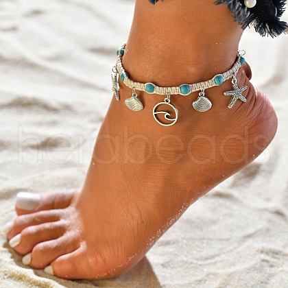 Bohemian Style Alloy Wave Shape Starfish Shell Shape Charm Synthetic Turquoise & Cotton Cord Braided Anklets FS-WG159AD-01-1