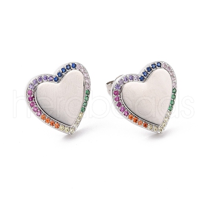 Colorful Cubic Zirconia Heart Stud Earrings EJEW-C030-06P-1