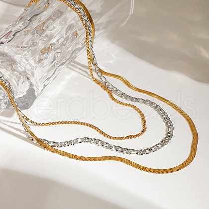 304 Stainless Steel Flat Snake Chain Figaro Chain Twisted Chain 3 Layer Necklaces for Women NJEW-K288-04GP-1
