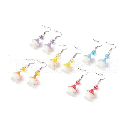 Resin Mushroom with Glass Dangle Earrings EJEW-JE04995-1