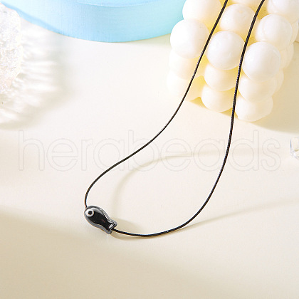 Fish Porcelain Pendant Black Wax Cord Necklaces FS-WG7FFA4-07-1