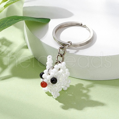 Rabbit Glass Seed Bead with Natural Carnelian Beads and Natural Black Onyx Round Beads Keychains KEYC-MZ00036-1