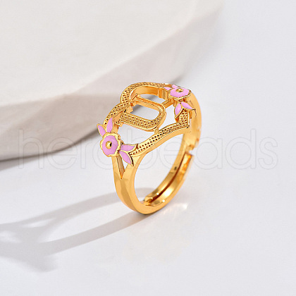 Heart & Flower Brass Pearl Pink Enamel Adjustable Finger Rings FS-WG8B9BA-19-1