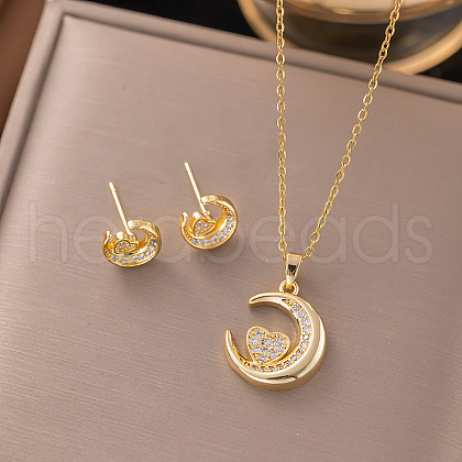 Brass Micro Pave Clear Cubic Zirconia Stud Earrings & Pendant Necklaces Sets FS-WG8C3C9-02-1