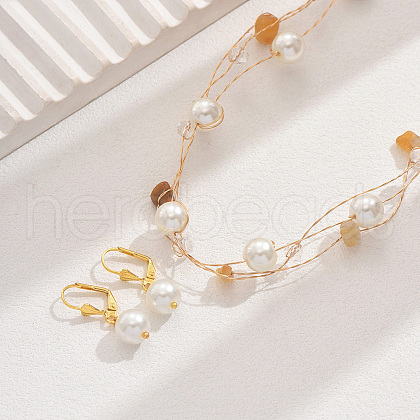Natural Gemstone Chips & Glass Round Beaded Multilayer Necklaces & Earrings Sets for Women DF6883-1