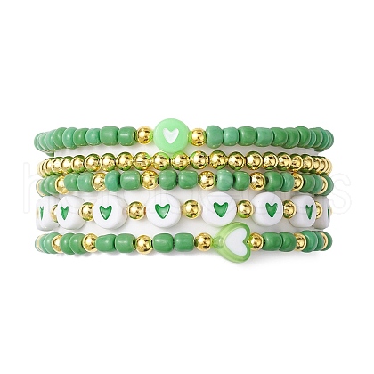 5Pcs 5 Styles Heart Acrylic & Glass Seed Beaded Stretch Bracelet Sets BJEW-JB10473-04-1