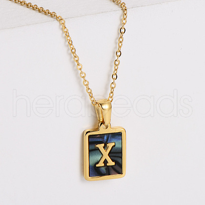 304 Stainless Steel Pave Natural Paua Shell Rectangle Initial Pendant Necklaces for Women FS-WG38E89-24-1