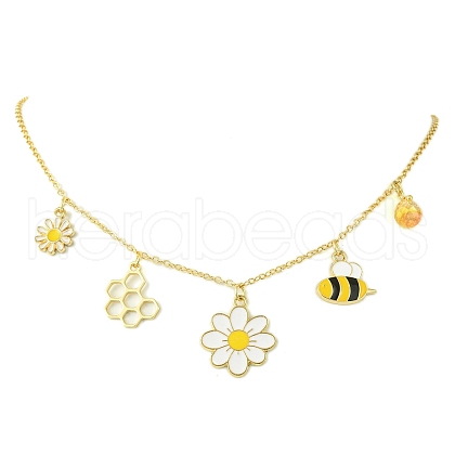 Flower & Bees & Honeycomb Alloy & Glass Pendant Necklaces NJEW-TA00165-1