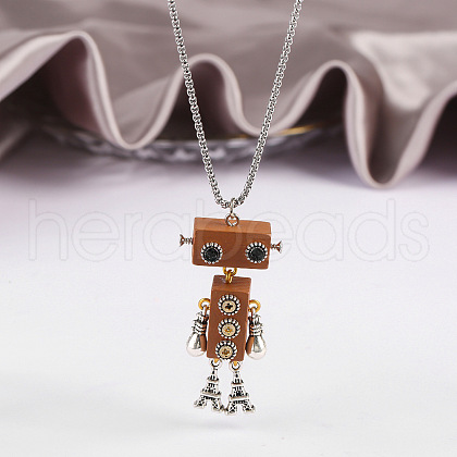 Alloy & Wood Robot Pendant Necklaces FS-WGB43E5-05-1