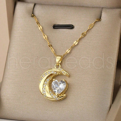 Moon & Heart 304 Stainless Steel Micro Pave Clear Cubic Zirconia Pendant Necklaces FS-WG967E3-01-1