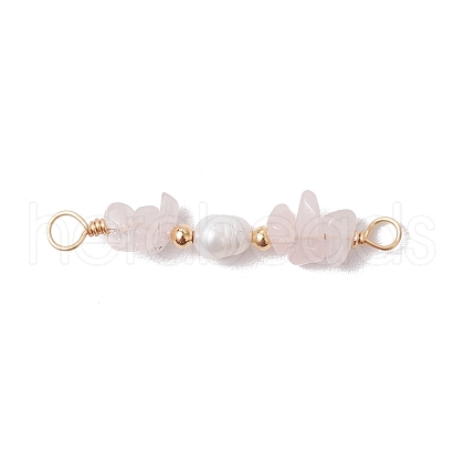Natural Rose Quartz Chip & Natural Cultured Freshwater Pearl Rice Beaded Connector Charms PALLOY-JF03707-11-1