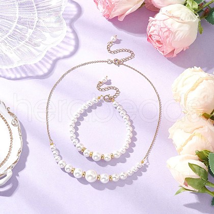 Shell Pearl Round Beads Bracelets & Necklaces Sets for Women SJEW-JS01321-1