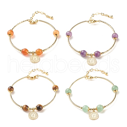 4Pcs 4 Style Brass Coin Charm Bracelets Set with Natural Mixed Gemstone Beads for Women BJEW-TA00116-1
