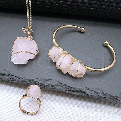 Wire Wrapped Nuggets Natural Rose Quartz Pendant Necklace & Cuff Bangle & Rings Sets FS-WG99384-04-1