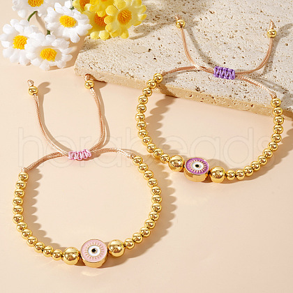 2Pcs Unique Evil Eye Handmade Brass Round Beads Braided Bead Bracelet Set for Women NH8112-1