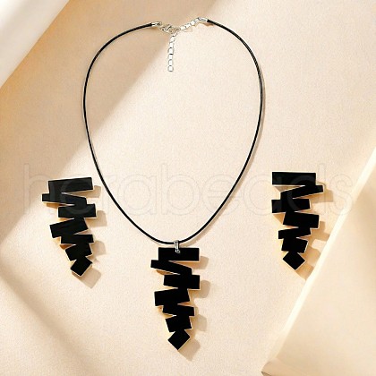Irregular Geometry Acrylic with Imitation Leather Cord Pendant Necklace & Stud Earring Sets FS-WGB043E-01-1