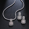 Square Brass Micro Pave Clear Cubic Zirconia Pendant Necklaces & Stud Dangle Earrings Sets FS-WG98D1F-01-2