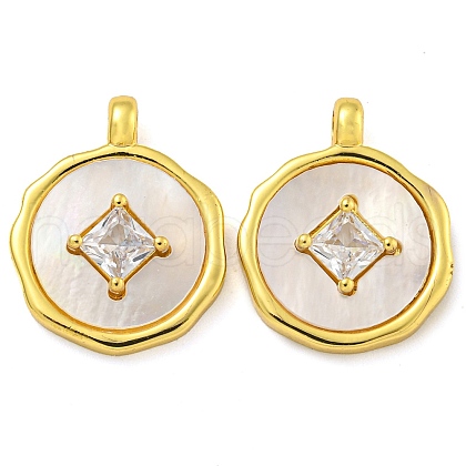 Flat Round Coin Shape Brass Cubic Zirconia Pendants with Shell KK-D534-06G-1