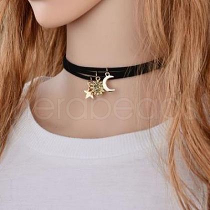 3Pcs 3 Styles Moon Star Sun Alloy Pendant Faux Suede Cord Multi-Strand Choker Necklaces for Women FS-WG071C8-01-1