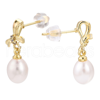 Mother's Day Jewellery Natural Pearl & Cubic Zirconia Bowknot Dangle Stud Earrings PEAR-N017-06D-1