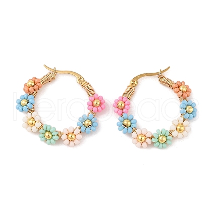 PVD Vacuum Plating 304 Stainless Steel Flower Hoop Earrings EJEW-U017-01G-03-1