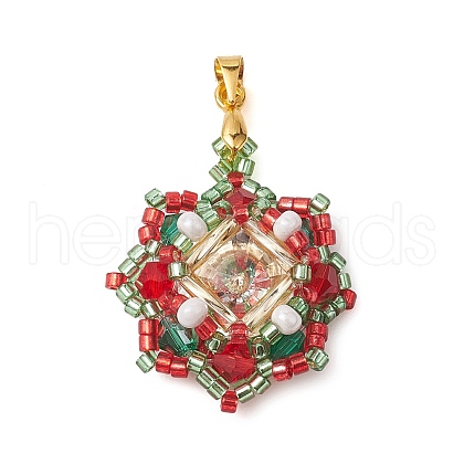 Christmas Glass Rhinestone & Seed Bead Pendants PALLOY-MZ00252-1