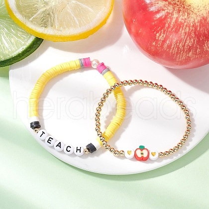 2Pcs 2 Styles Teachers' Day Handmade Polymer Clay Heishi Beaded Bracelet & Brass Spacer Beads Bracelet Set BJEW-TA00623-1