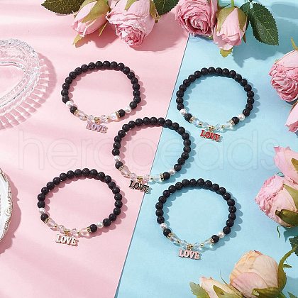 5Pcs Valentine's Day Theme Natural Lava Rock & Synthetic Moonstone Round Beads Stretch Bracelets BJEW-JB11648-1