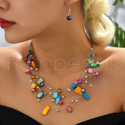 Bohemian Style Alloy & Shell Nuggets Beaded Multilayer Necklaces & Dangle Earrings Sets FS-WG9A8A7-01-1