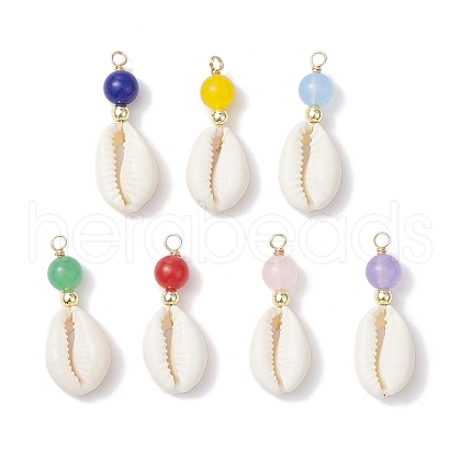 Natural Cowrie Shell & Natural Dyed Malaysia Jade Round Pendants PALLOY-JF03832-01-1