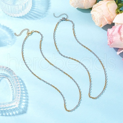2Pcs 2 Colors Two Tone 304 Stainless Steel Textured Cable Chain Necklaces NJEW-JN05242-1