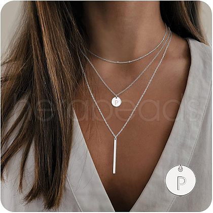 3Pcs Simple Style Brass Coin Letter Rectangle Pendant 3 Layer Necklaces FS-WG4BDA4-37-1