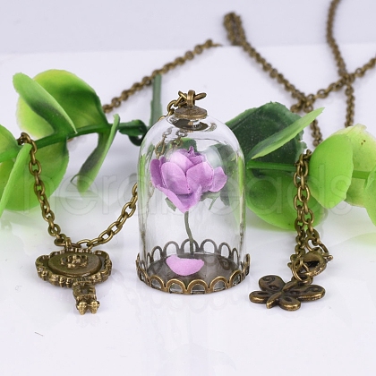 Butterfly & Key & Glass Dried Flower Wishing Bottle Pendant Necklace PW-WG90318-02-1