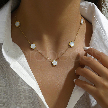 Elegant Stainless Steel Pave Shell Flower Link Chain Necklaces for Women LG8560-1-1