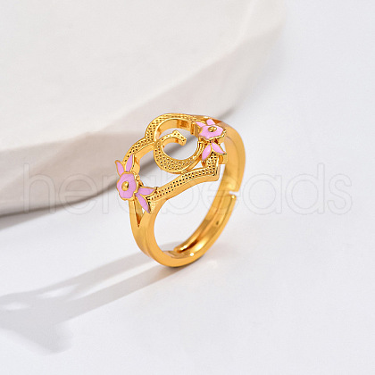 Heart & Flower Brass Pearl Pink Enamel Adjustable Finger Rings FS-WG8B9BA-03-1