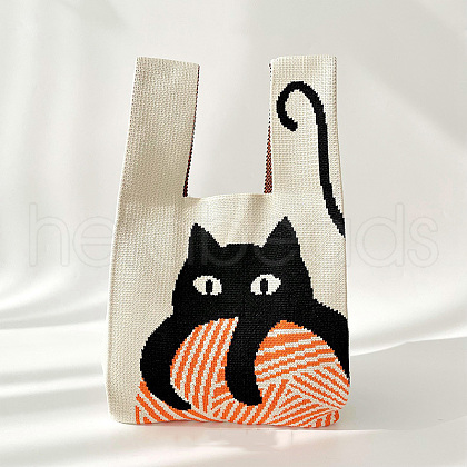 Polyester Cat Print Knitted Tote Bags PW-WG26643-01-1