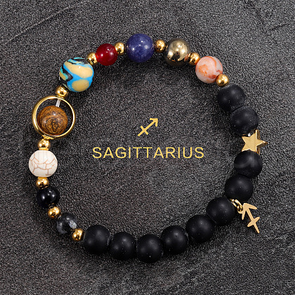 12 Zodiac Sign Natural Black Obsidian Round Beads & Synthetic Mixed Gemstone Beads Charm Bracelets for Men Women WG666A9-08-1