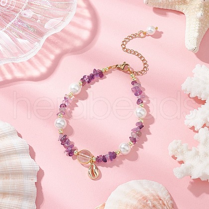 Natural Amethyst & & Quartz Crystal Chip Beaded Bracelsets BJEW-JB11917-01-1